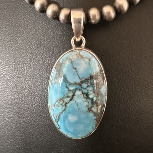 Navajo Blue Spiderweb Turquoise Pendant Necklace | Sterling Silver | Authentic Native American Handmade | 17024