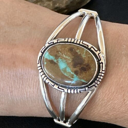 Navajo Green Boulder Turquoise Cuff Bracelet | Sterling Silver | Authentic Native American Handmade | 16244