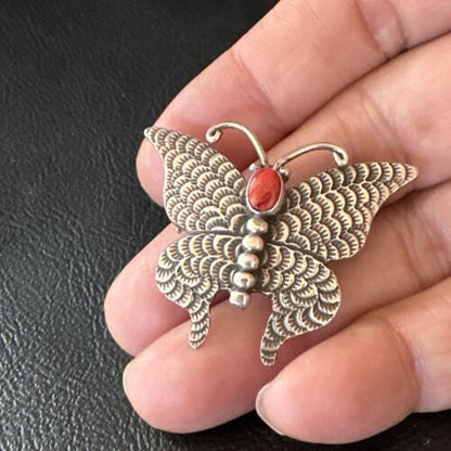 Navajo Butterfly Red Coral Pin Pendant | Sterling Silver | 1.25" | Authentic Native American Handmade | 15235