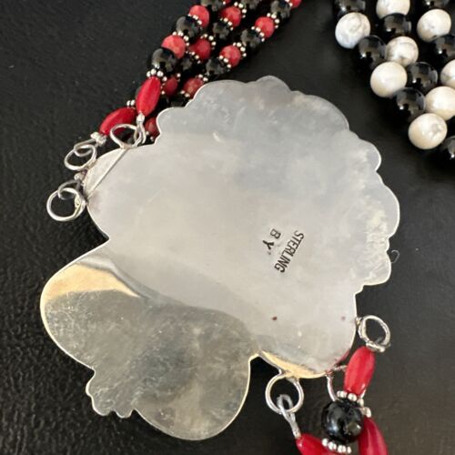 Navajo White Buffalo Turquoise and Coral Pendant Necklace | Sterling Silver | Authentic Native American Handmade | 15495