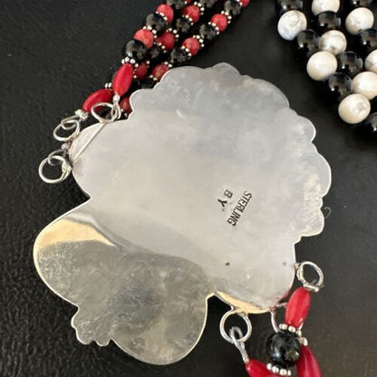 Navajo White Buffalo Turquoise and Coral Pendant Necklace | Sterling Silver | Authentic Native American Handmade | 15495