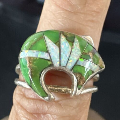 Navajo Bear Inlay Ring | Opal Green Turquoise | Sz 7.5 | Authentic Native American Handmade | 15395