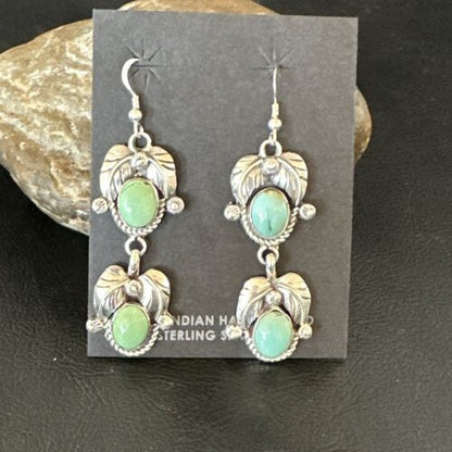 Navajo Blue Green Turquoise Dangle Earrings | Sterling Silver | 1.5" | Authentic Native American Handmade | 17386