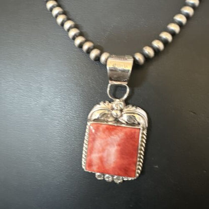 Navajo Red Spiny Oyster Pendant Necklace | Sterling Silver | Authentic Native American Handmade | 16147