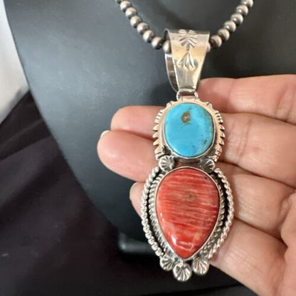 Navajo Blue Kingman Turquoise Spiny Pendant Necklace | Sterling Silver | Multi-Stone | 16824