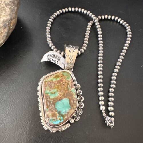 Men's Navajo Blue Green Royston Turquoise Pendant Necklace | Sterling Silver | Native American Handmade | 10429