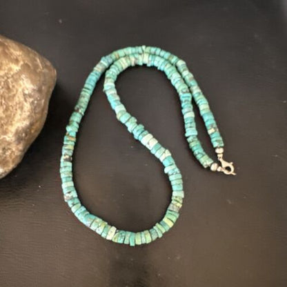 Navajo Blue Turquoise Heishi Bead Necklace | Sterling Silver | 20" | Authentic Native American Handmade | 15165