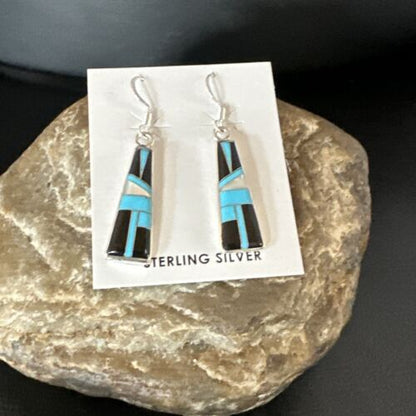Navajo Blue Turquoise Black Onyx Inlay Earrings | Sterling Silver | 1" | Authentic Native American Handmade | 15700