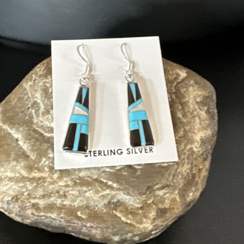 Navajo Blue Turquoise Black Onyx Inlay Earrings | Sterling Silver | 1" | Authentic Native American Handmade | 15700