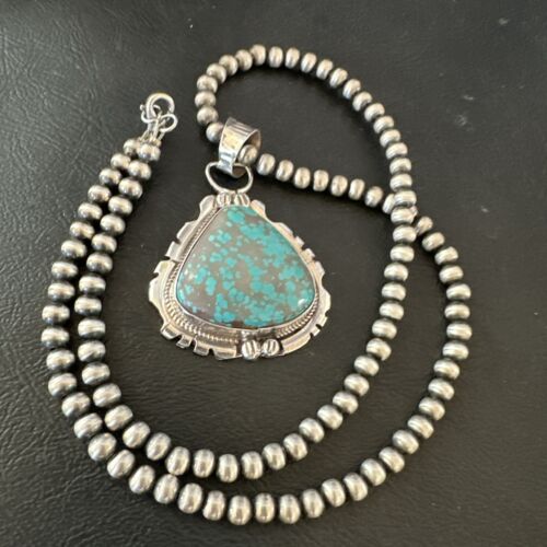Navajo Men's Blue Turquoise #8 Pendant Necklace | Sterling Silver | Authentic Native American Handmade | 17123