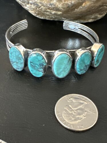 Women's Blue Turquoise 5-Stone Cuff Bracelet | Navajo Sterling Silver | Authentic Native American Jewelry | 16165