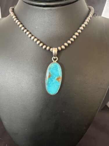 Navajo Blue Kingman Turquoise Pendant Necklace | Sterling Silver | 20" | Authentic Native American Handmade | 16686