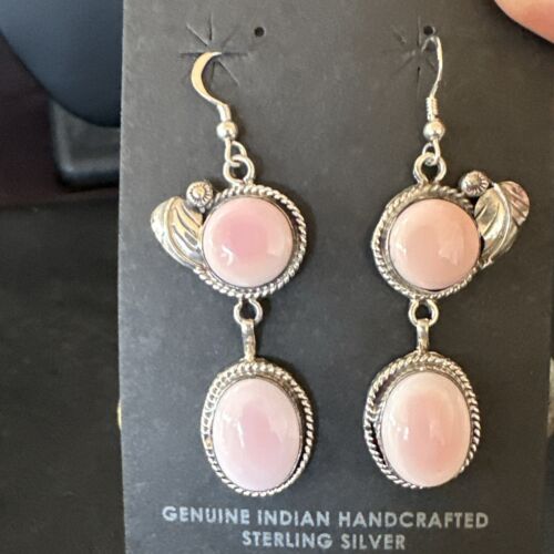 Navajo Pink Conch Shell Dangle Earrings | Sterling Silver | Authentic Native American Handmade | 17194