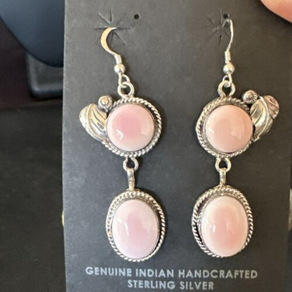 Navajo Pink Conch Shell Dangle Earrings | Sterling Silver | Authentic Native American Handmade | 17194