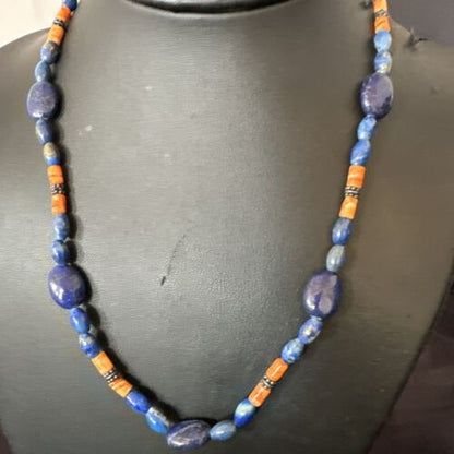 Men's Lapis & Orange Spiny Oyster Navajo Pearls Sterling Silver Necklace 18" | Handmade 17501