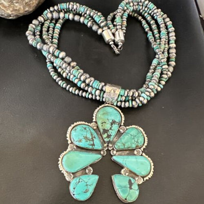 Navajo XL Blue Turquoise Cluster Naja Pendant Necklace | Sterling Silver | 21" | 16678