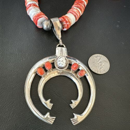 Navajo White Buffalo Spiny Oyster Naja Pendant Necklace | Sterling Silver | 25" | Authentic Native American Handmade | 17421