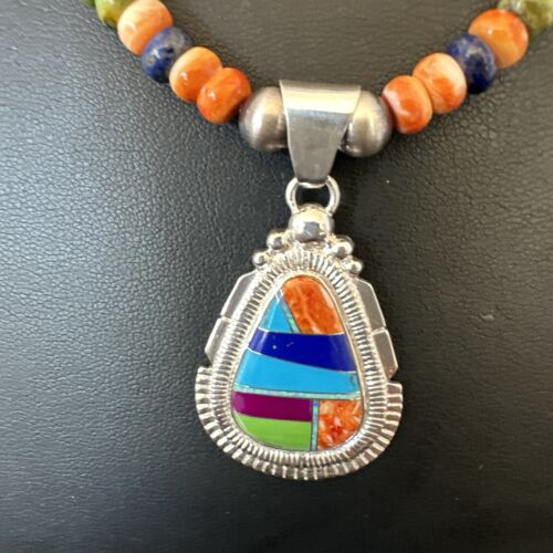 Navajo Spiny Oyster Turquoise Lapis Inlay Pendant Necklace | Sterling Silver | 21" | Authentic Native American Handmade | 16627
