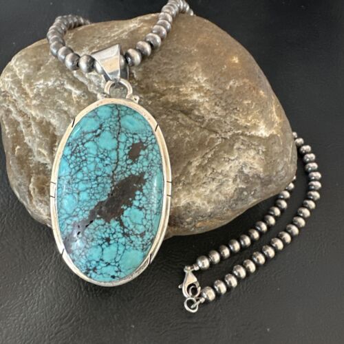 Men's Navajo Blue Spiderweb Turquoise Pendant Necklace | Sterling Silver | Native American Handmade | 16192