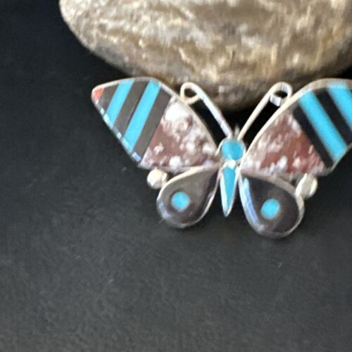 Zuni Butterfly Wild Horse Turquoise Onyx Inlay Pin Pendant | Sterling Silver | Authentic Native American Handmade | 15152