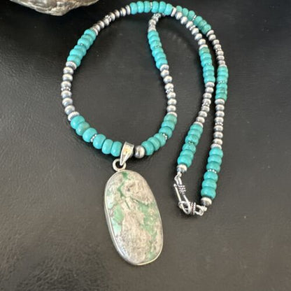 Navajo Teal Blue Turquoise Pendant Necklace | Sterling Silver | Authentic Native American Handmade | 16339