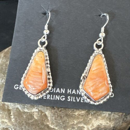 Navajo Orange Spiny Oyster Dangle Earrings | Sterling Silver | Authentic Native American Handmade | 17264