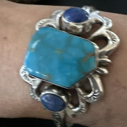 Kingman Turquoise Lapis Cuff Bracelet | Navajo Sterling Silver Tufa Cast | Authentic Native American Handmade | 16781