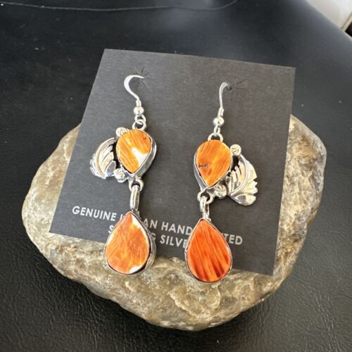 Navajo Orange Spiny Oyster Dangle Earrings | Sterling Silver | 1.5" | Authentic Native American Handmade | 16568