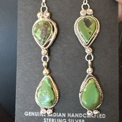 Navajo Green Royston Turquoise Dangle Earrings | Sterling Silver | Authentic Native American Handmade | 17139