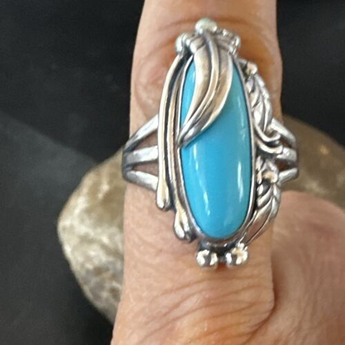 Navajo Leaf Blue Kingman Turquoise Ring | Sterling Silver | Sz 10.5 | Authentic Native American Handmade | 17136