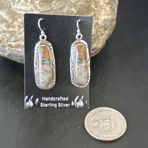 Navajo Blue Boulder Turquoise Dangle Earrings | Sterling Silver | Authentic Native American Handmade | 16502
