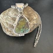 Men's Navajo Green Royston Turquoise Pendant Necklace | Sterling Silver | Authentic Native American Handmade | 17479