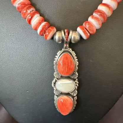 Navajo Red Spiny Oyster Mother of Pearl Pendant Necklace | Sterling Silver | Native American Handmade | 17658