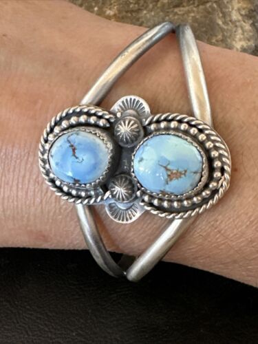 Navajo Blue Golden Hills Turquoise Cuff Bracelet | Sterling Silver | Authentic Native American Handmade | 16428 - Masha USA