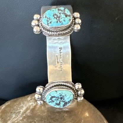 Kingman Turquoise Stamped Cuff Bracelet | Navajo Sterling Silver | Authentic Native American Handmade | 17461