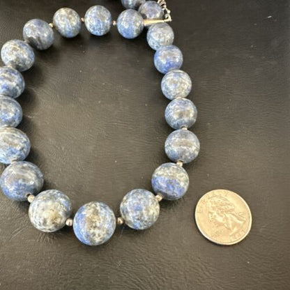 Navajo Denim Lapis Necklace | 14mm Pearls | Sterling Silver | Authentic Native American Handmade | 19" | 17549