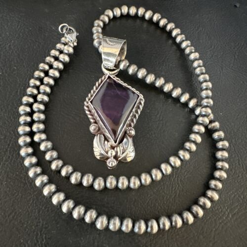 Navajo Pearls Purple Sugilite Pendant Necklace | Sterling Silver Beads | Authentic Native American Handmade | 15377