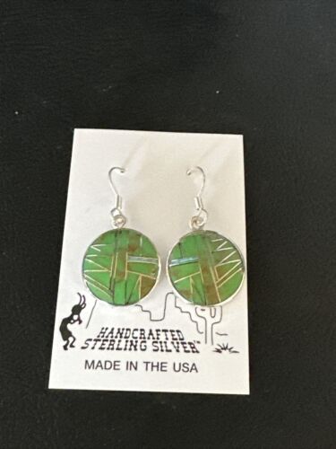 Southwestern Sterling Silver Green Gaspeite Inlay Earrings | 1" | Navajo | 14935