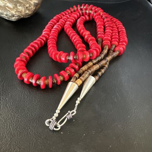 Navajo Red Coral Shell Bead Necklace | Sterling Silver | 30" | Authentic Native American Handmade | 15283