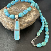 Navajo Blue Turquoise Inlay Pendant Necklace | Sterling Silver | 19" | Authentic Native American Handmade | 17491