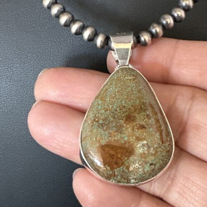 Navajo Green Turquoise Pendant Necklace | Sterling Silver | Authentic Native American Handmade | 15021