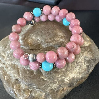 Navajo Pink Rhodochrosite Turquoise Bracelet | Stainless Steel Memory Wire | Authentic Native American Handmade | 17626 - Masha USA