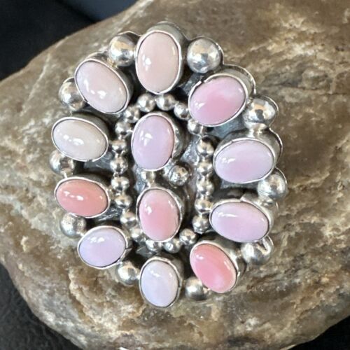 Navajo Pink Coral Multi-Stone Cluster Ring | Authentic Native American Sterling Silver | Multi-Stone | Sz 8.5 | 15365