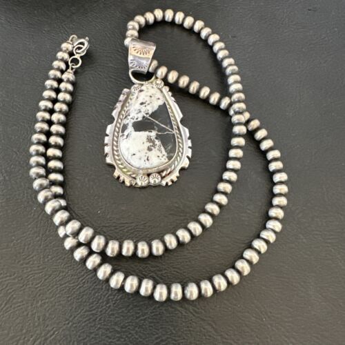 White Buffalo Turquoise Pendant | Navajo Pearls Sterling Silver Necklace | Authentic Native American Handmade | 17109
