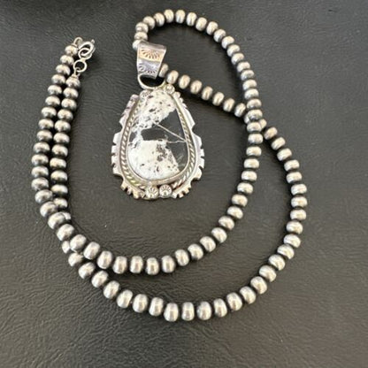 White Buffalo Turquoise Pendant | Navajo Pearls Sterling Silver Necklace | Authentic Native American Handmade | 17109