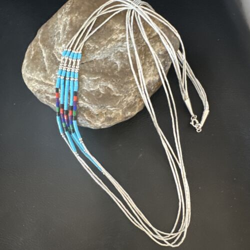 Multi-Color Liquid Silver Heishi Necklace | 5-Strand Sterling Tubes | 25" | 15137