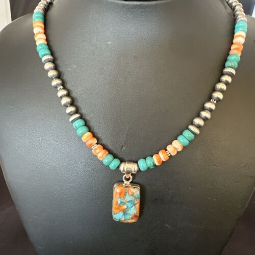 Navajo Spiny Turquoise Pendant Necklace | Sterling Silver | 22" | Authentic Native American Handmade | 17430