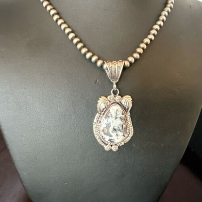 Navajo White Buffalo Turquoise Pendant Necklace | Sterling Silver | Authentic Native American Handmade | 17523