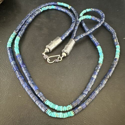 Navajo Blue Turquoise Lapis Necklace | Sterling Silver | 22" | Authentic Native American Handmade | 17554