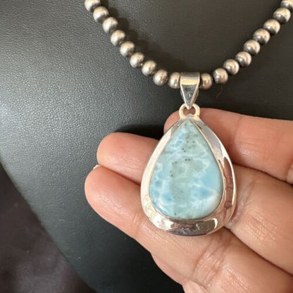 Navajo Blue Larimar Pendant Necklace | Sterling Silver Beads | Authentic Native American Handmade | 17562